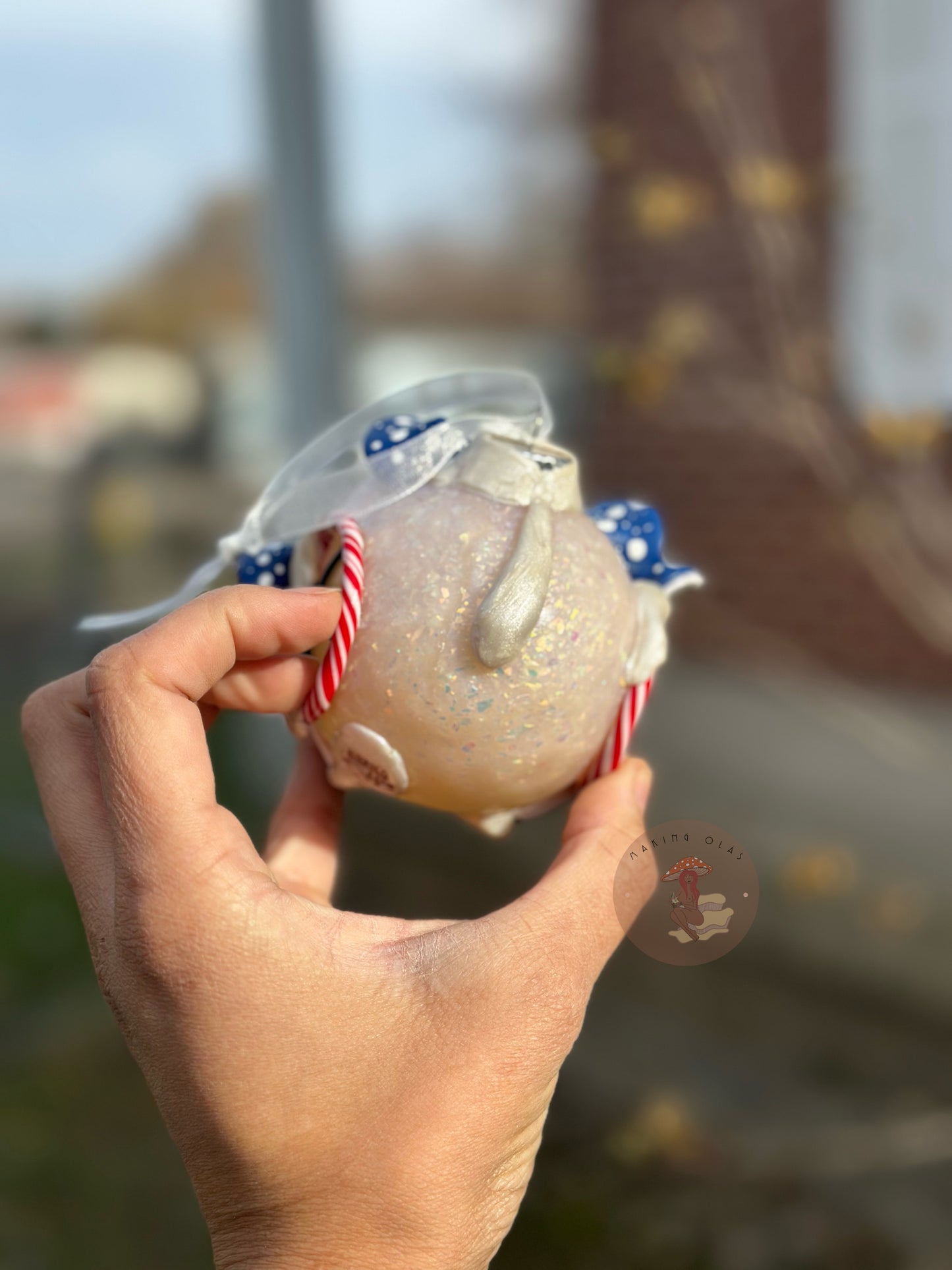 Ornament | Red Door on a Snowball with Blue Mushrooms