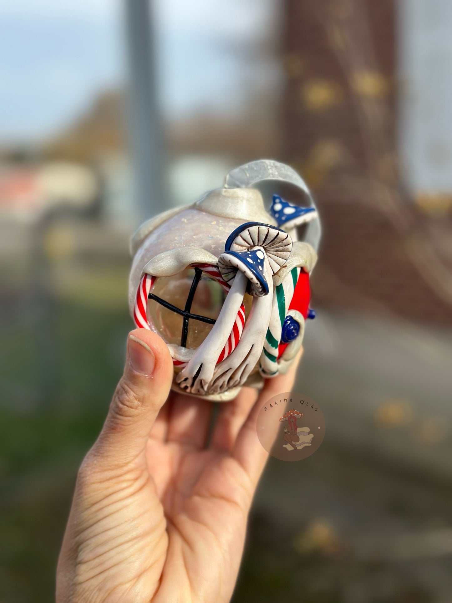 Ornament | Red Door on a Snowball with Blue Mushrooms