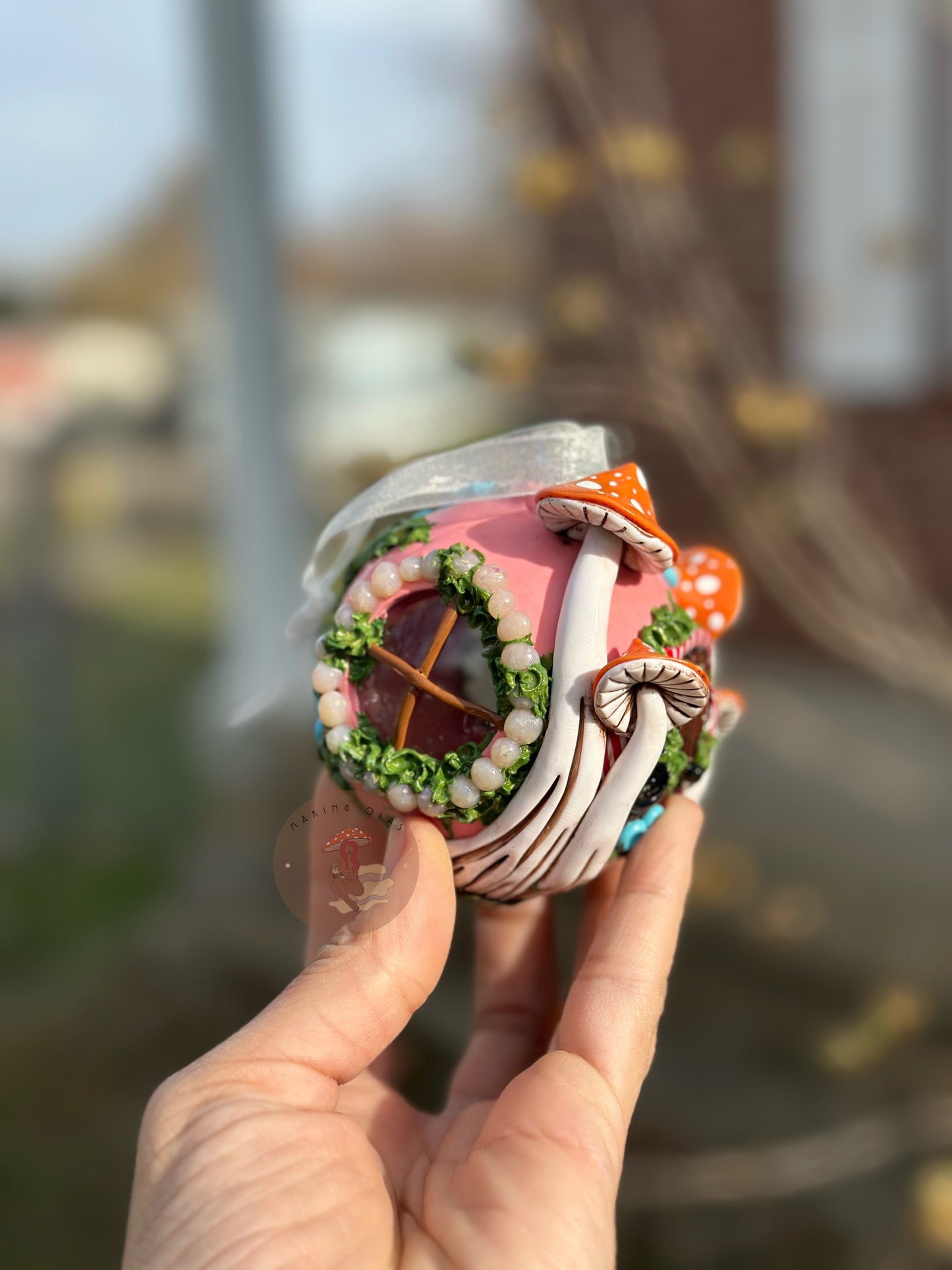 Ornament | Brown Moon Door with Orange Mushrooms