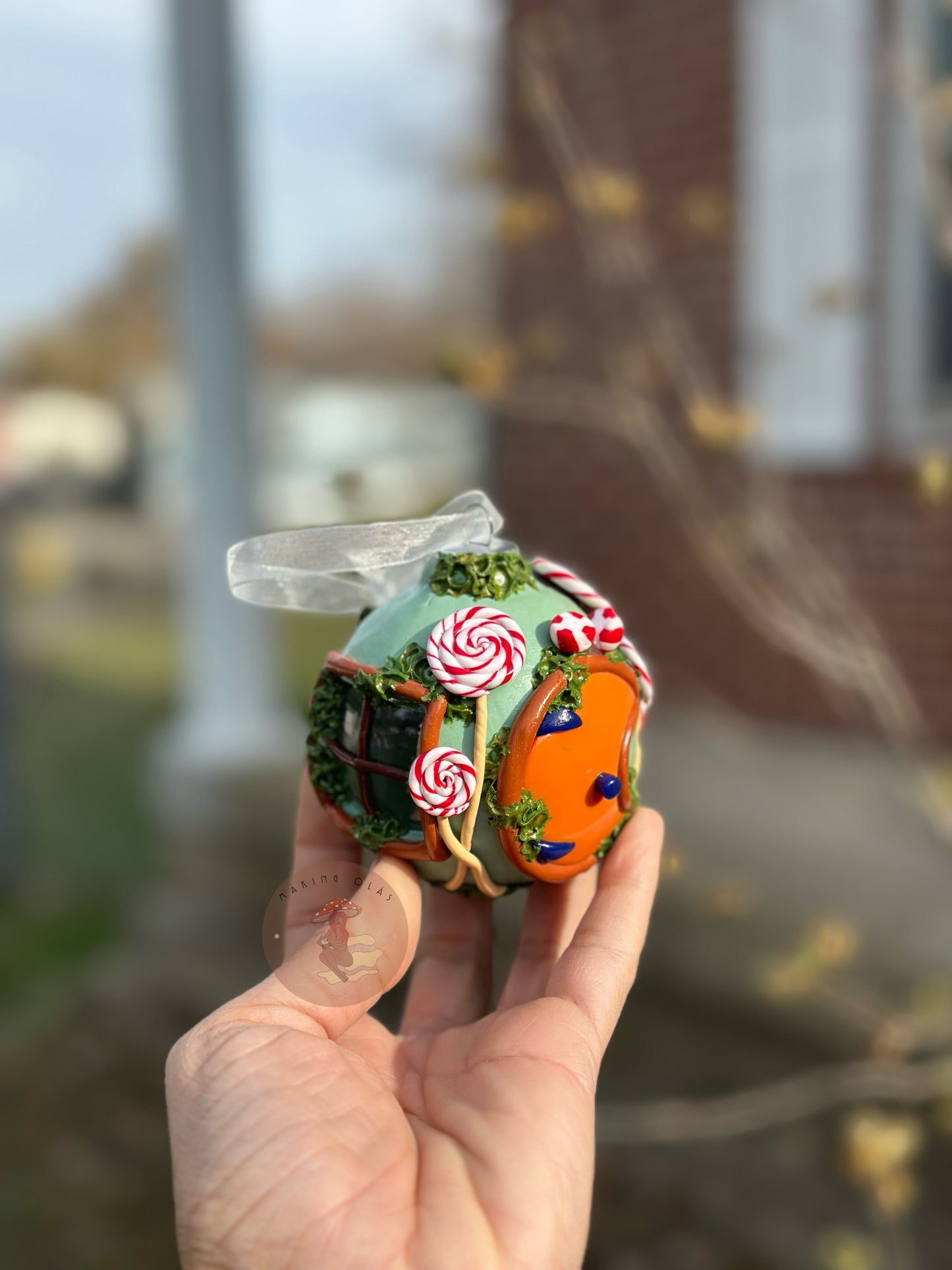Ornament | Orange Moon Door with Peppermint Sticks