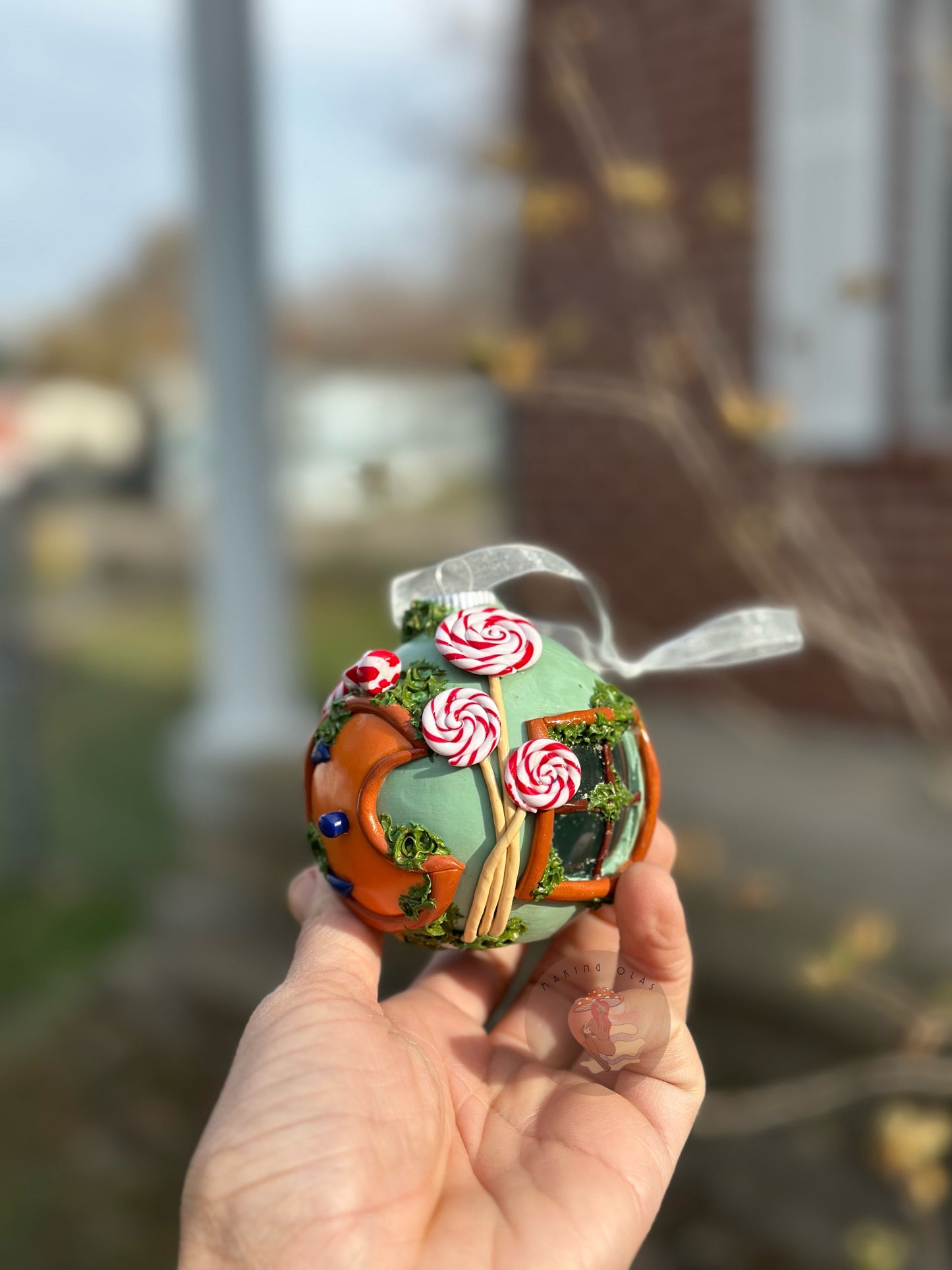 Ornament | Orange Moon Door with Peppermint Sticks