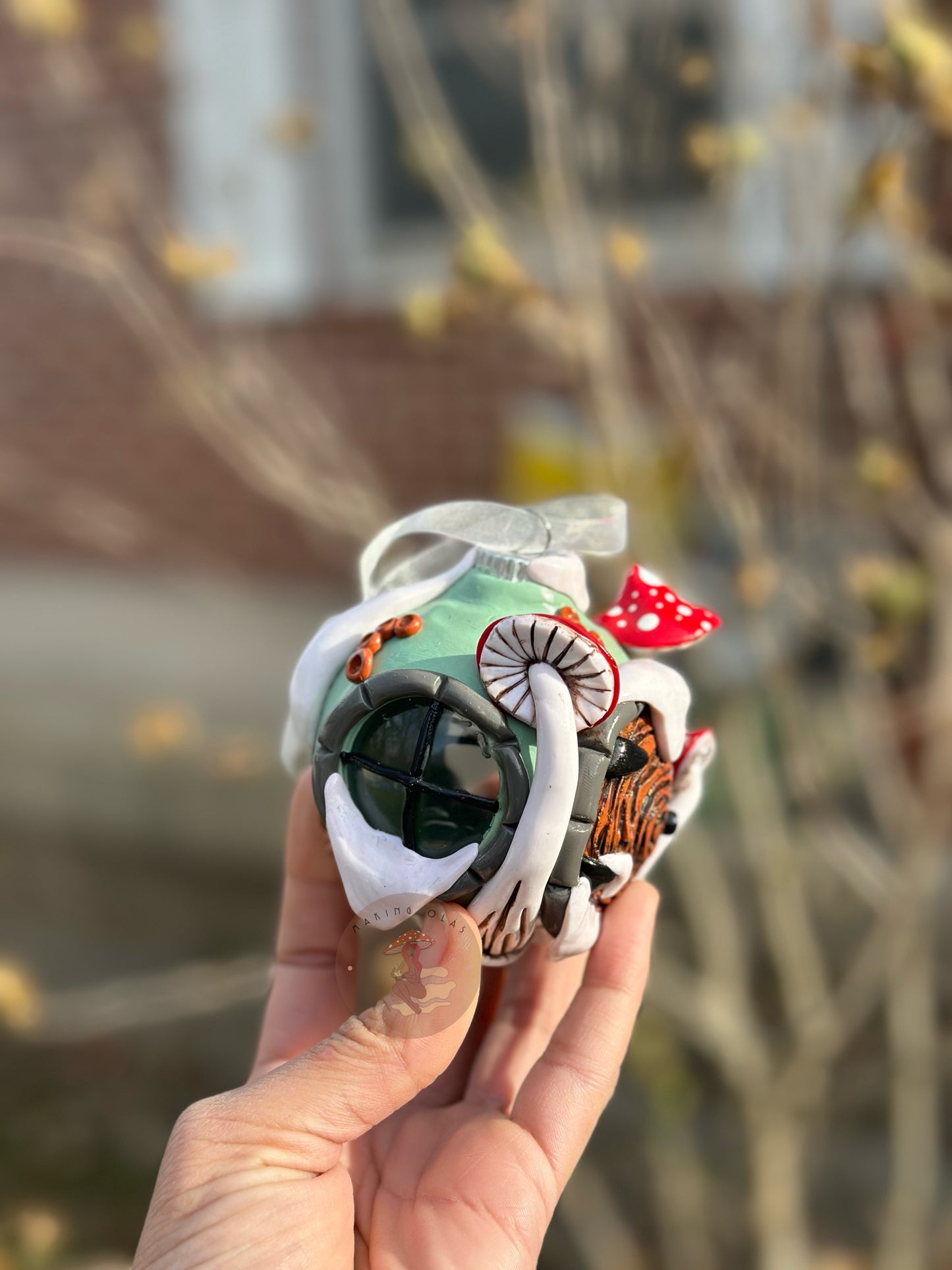Ornament | Brown Snowy Door with Red Mushies