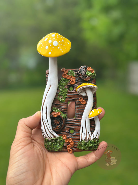 Light Switch Cover | Yellow Mushrooms on Brown Oak