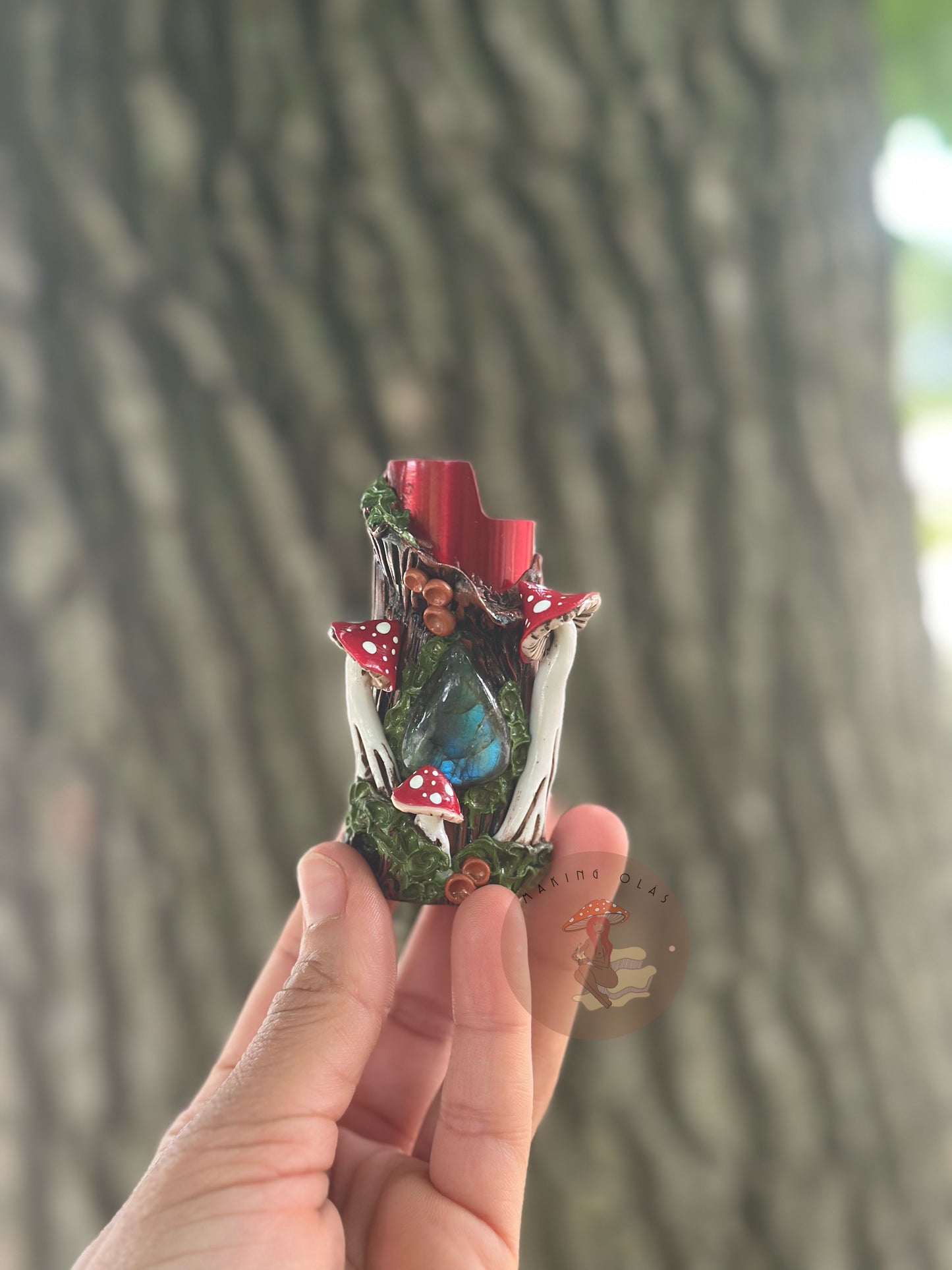 Lighter Cover | Red Mushrooms on Wood + Labradorite