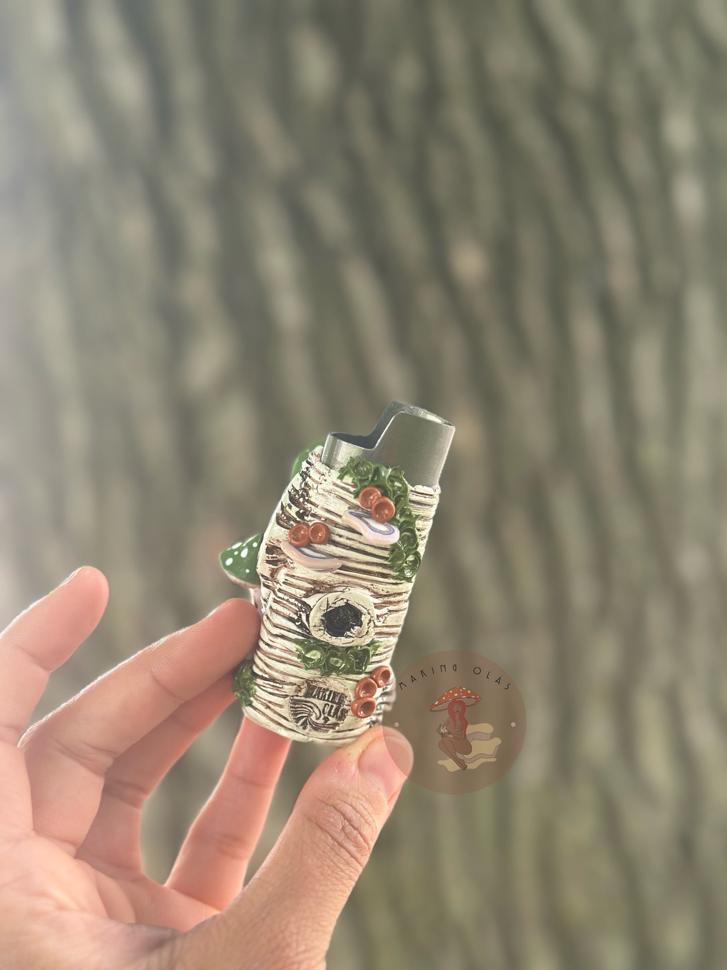 Lighter Cover | Green Mushrooms on White Wood + Purple Ocean Agate