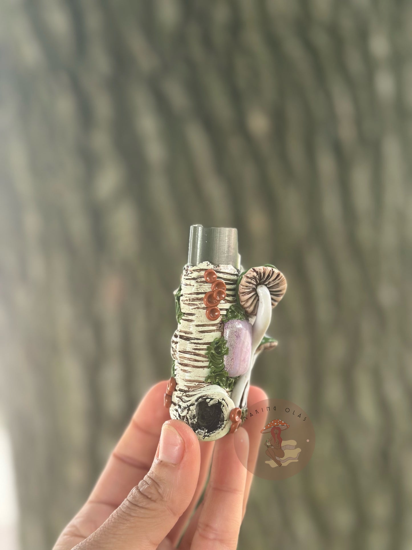 Lighter Cover | Green Mushrooms on White Wood + Purple Ocean Agate