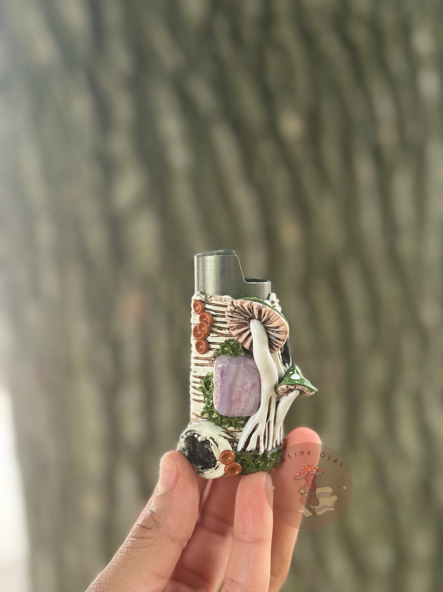 Lighter Cover | Green Mushrooms on White Wood + Purple Ocean Agate