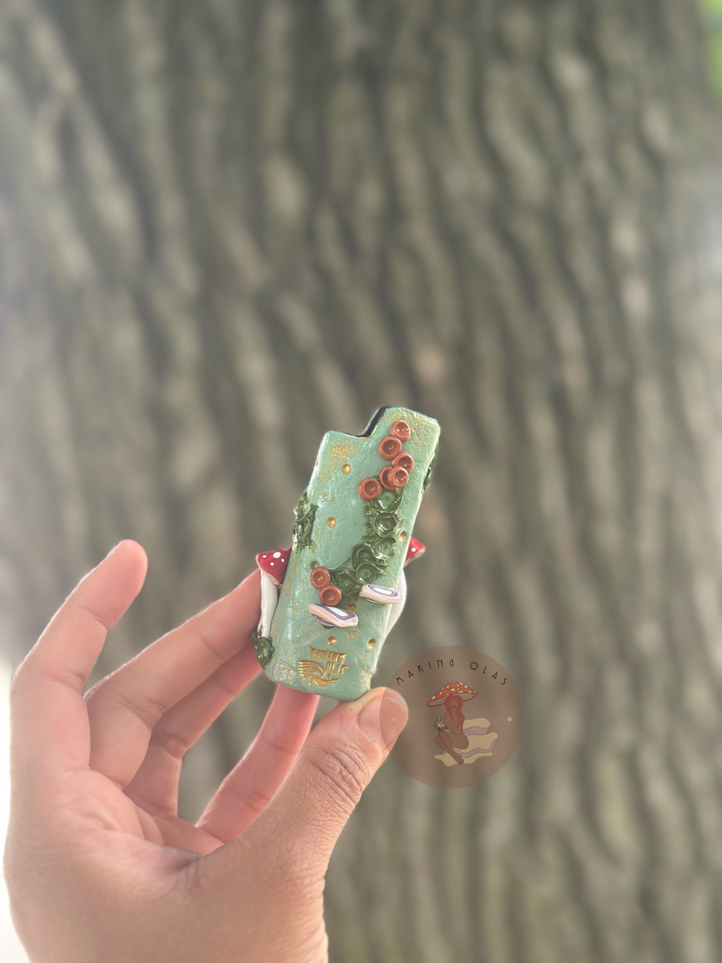 Lighter Cover | Red Mushrooms on Sage with Gold Quartz