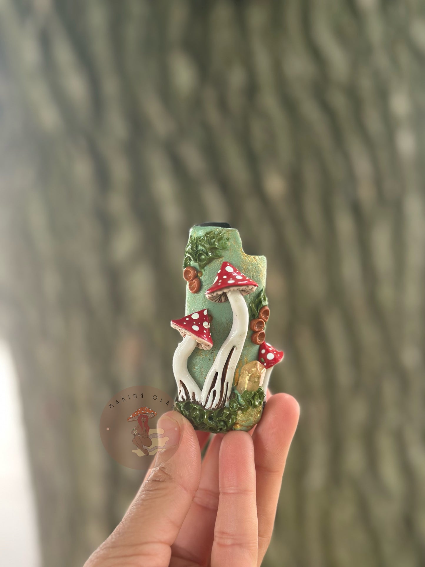 Lighter Cover | Red Mushrooms on Sage with Gold Quartz