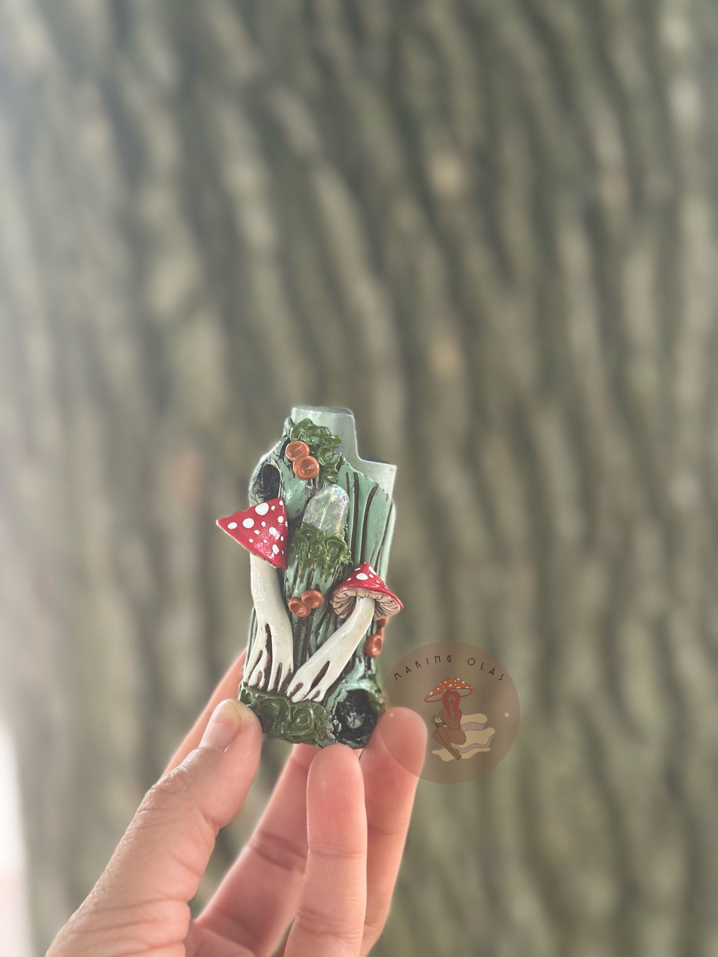 Lighter Cover | Red Mushrooms on Sage Wood + Quartz