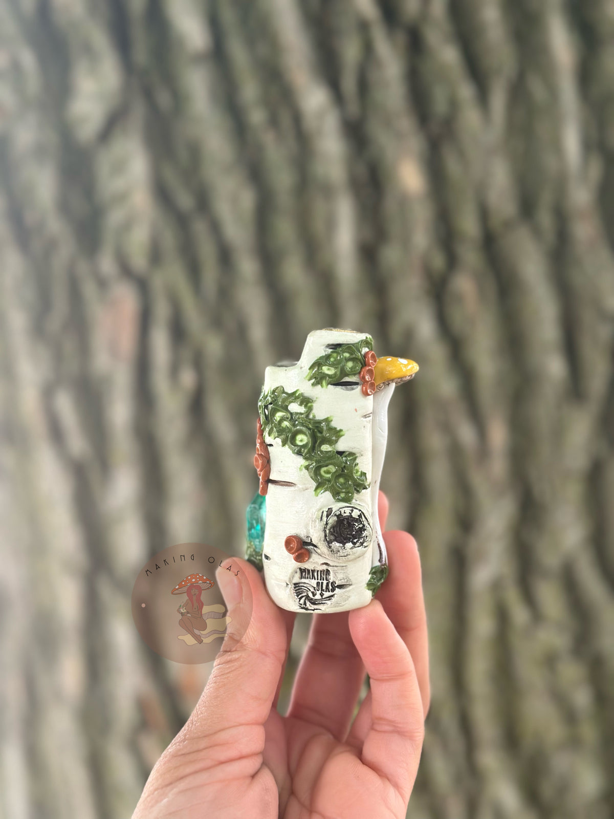 Lighter Cover | Yellow Shrooms on Birch Wood + Green Quartz