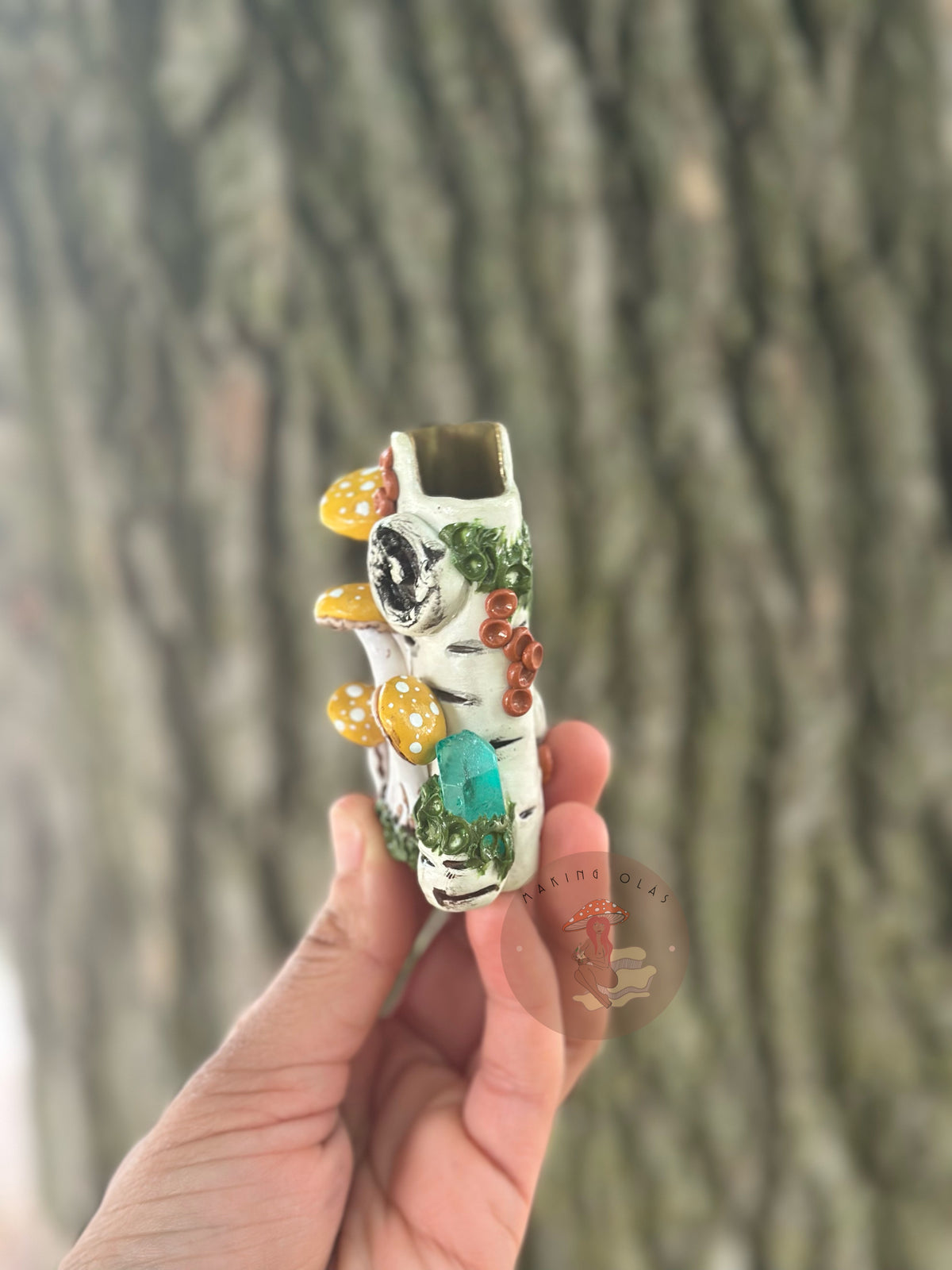 Lighter Cover | Yellow Shrooms on Birch Wood + Green Quartz