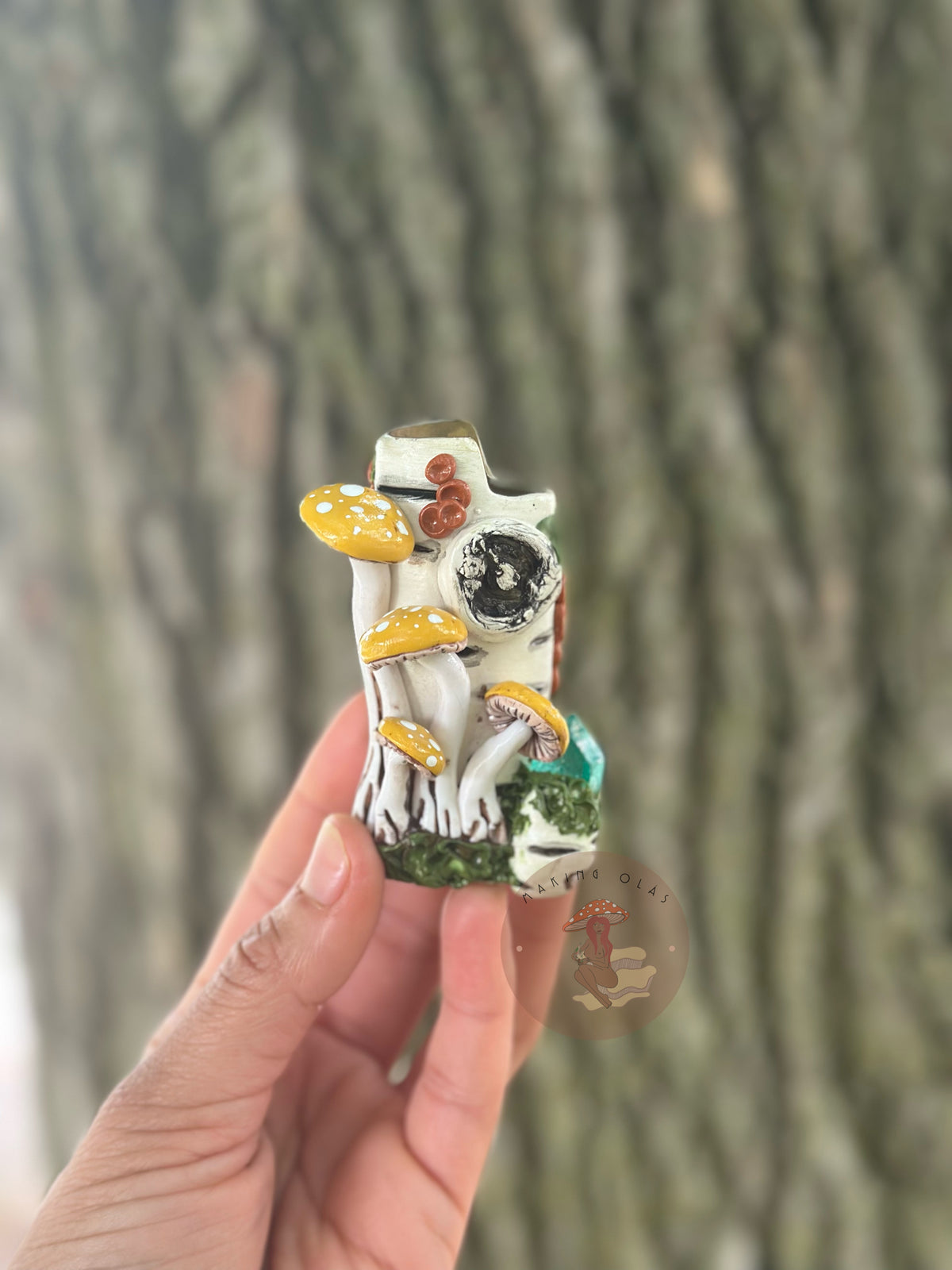 Lighter Cover | Yellow Shrooms on Birch Wood + Green Quartz