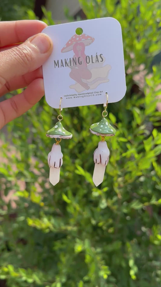 Earrings | Green Mushies with Rose Quartz